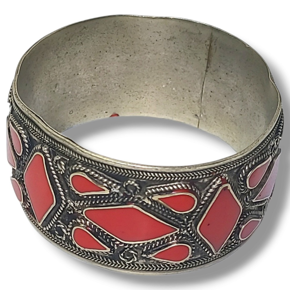 Vintage Silver Tone Red Enamel Bangle Bracelet Geometric Boho Statement 2.6"